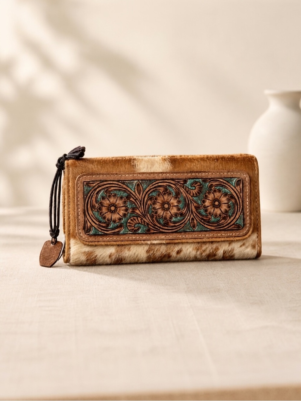 Myra Bag Tooled Leather Cowhide Wallet Boho Western Turquoise RFID